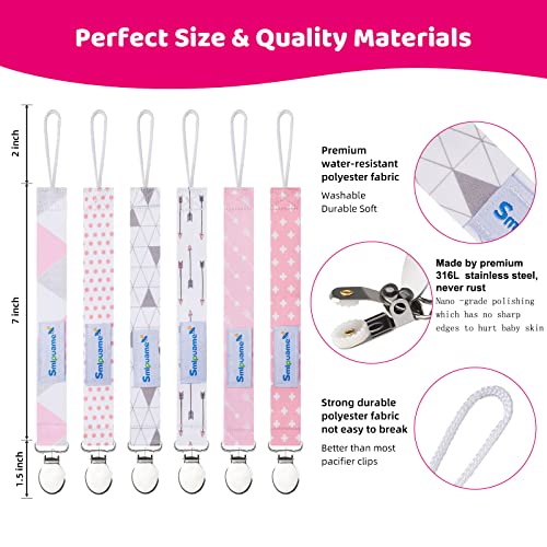 Smlpuame Pacifier Clip Girl,6 Pack Stylish Binky Clips Strap for Baby Girls,Paci Holder with Metal Clip Lightweight Universal Fits Most Pacifiers Teether Toy Soothie,Baby Gifts(Pink & Grey)