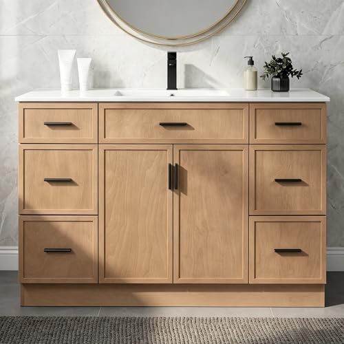 Image of 48 Inch Bathroom Vanity, Modern Bathroom Vanity Without Sink, Freestanding Bathroom Cabinet with 2 Soft Closing Doors & 6 Storage Drawers, Natural