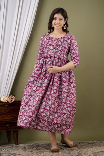 Image of Amazon Brand - Tavasya Women Botanical Floral Printed Maternity Midi Dress | Round Neck | 3 /4 Ruffle Sleeves | Concealed Feeding Zip | Gathered Tiered Nursing Dress