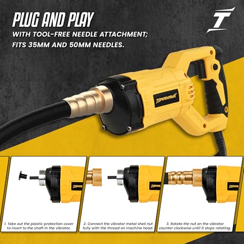 Image of TOMAHAWK Concrete Vibrator 1650W - for Commercial Levelling | Heavy Duty Machine with 1.5m Needle and Long 2m Cable | Works with 35 and 50mm Needles | 6 Month Warranty | TCV1650