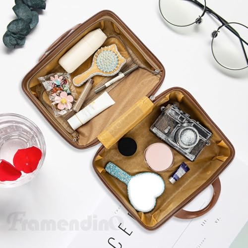 Image of Portable Hard Shell Cosmetic Bag Travel Case, Small Travel Hand Luggage with Elastic Band, Mini Abs Carrying Makeup Case Suitcase (B-Cream)