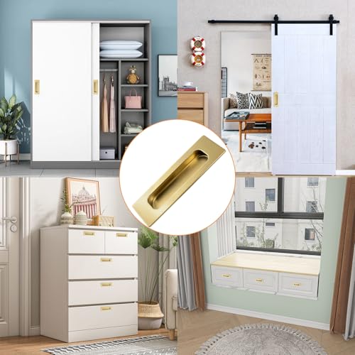 Image of MOROBOR 2pcs Square Bright Gold Flush Pull Recessed Finger Pulls, Length Sliding Door Handles Concealed Handle Stainless Steel Cabinet Pulls for Wardrobe Drawer