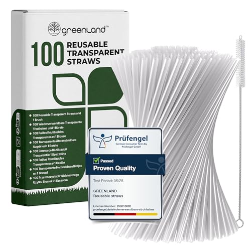 Greenland Pack de 100 pajitas reutilizables transparentes con cepillo – 21 cm de largo, 6 mm de ancho – Perfectas para cócteles, leche, zumos y té
