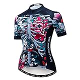 Cycling Jersey Women Short Sleeve Road Bike Shirt Top Ladies Cycle Wear Jacket MTB Pro Bicycle Clothing Skeleton Flowers Size M