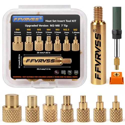 FFVRVSS Heat Set Insert Tool 7X Soldering Tips for M2 M2.5 M3 M4 M5 M6 M8 Threaded Inserts with 900M T18 Soldering Iron Adapter Premium Clear Storage Case Precision Press Tool for 3D Printer Parts