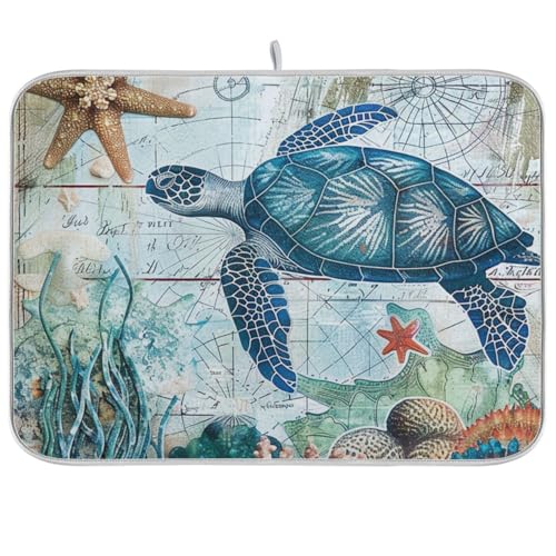 Nautical Ocean Sea Turtle Dish Drying Mat for Kitchen Counter 18x24 in Starfish Retro Map Microfiber Drying Mats Absorbent Reversible Dish Pad Large Dish Draining Mat Fast Dry Kitchen Accessories