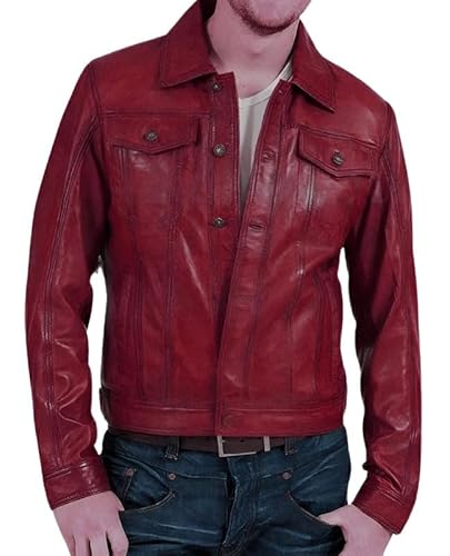 ENSURED FASHION Mens Biker Motorcycle Burgundy Red Vintage Casual Classic