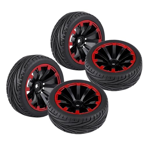 Tires,4pcs Set Tires Rubber Tyre Racing Off Road Wheel Rim for RC 1:10 Car Part (F-shaped tire pattern with red and 10-hole)