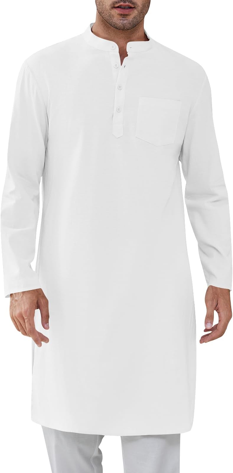 Mens Kaftan Robe Button Down Long Sleeve Henley Cotton Thobe Casual Side Split Gown Shirt