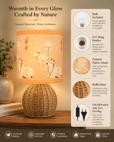 Image of Homesake Handwoven Rattan Table Lamp with Pichwai Art Printed Fabric Shade, Decorative Raffia Cane Bedside Lamp, Boho Table Lamp with E27 Holder & Bulb Included, Living Room, Bedroom & Home Decor