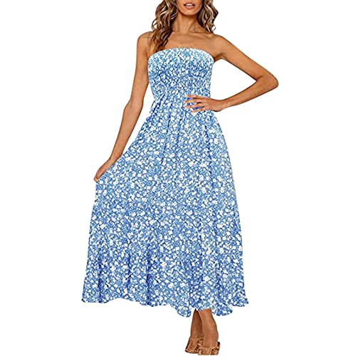 PINQI Robe Mi-Longue Bandeau à Volants pour Femme, Femmes Décontracté Imprimé Floral été Boho sans Bretelles sans Manches à Volants Plage Maxi Robe Mi-Longue à Plusieurs Niveaux Bleu L