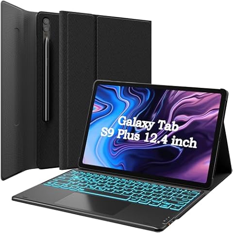 GreenLaw Samsung Galaxy Tab S9 Plus Keyboard case, 7 Color Backlit, Magnetic Detachable, Smart Touchpad, S Pen Holder, SM-X810/X816B/X818U for Samsung Tab S9+ 12.4 inch 2023, Black Cover