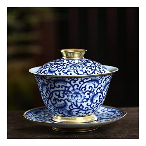 MADONG Cerámica Azul y Blanco de Jade Barro Pintado a Mano del Loto Dorado sopera sopera con Dios (Color : Blue)