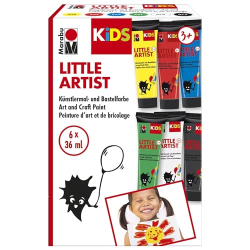 Marabu KiDS Little Artist, 6 x 36 ml Künstlermal- und Bastelfarbe für Kinder ab 3 Jahren, Kindermalfarbe auf Wasserbasis, auswaschbar, vegan, glutenfrei, Made in Germany, 0305000000101