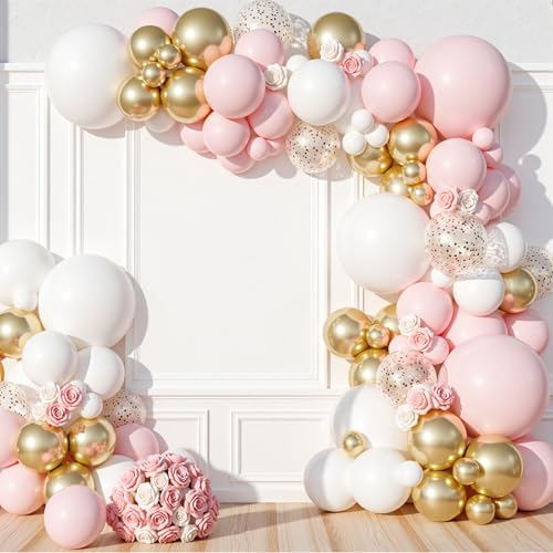 Image of PartyWoo Pink and White Balloon Arch Kit Garland 142pcs Different Sizes of 18 12 10 5 Inch Light Pastel Baby Pink Metallic Gold Confetti White Balloons for Baby Shower Birthday Party Decorations
