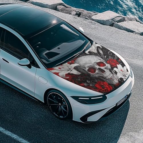 Image of Skull Car Hood Cover, Gothic Iris Bloody Skeleton Washable Elastic Auto Hood Protector Stretchable Polyester Fabric, Flower Skeleton Car Bonnet All-Season Protection