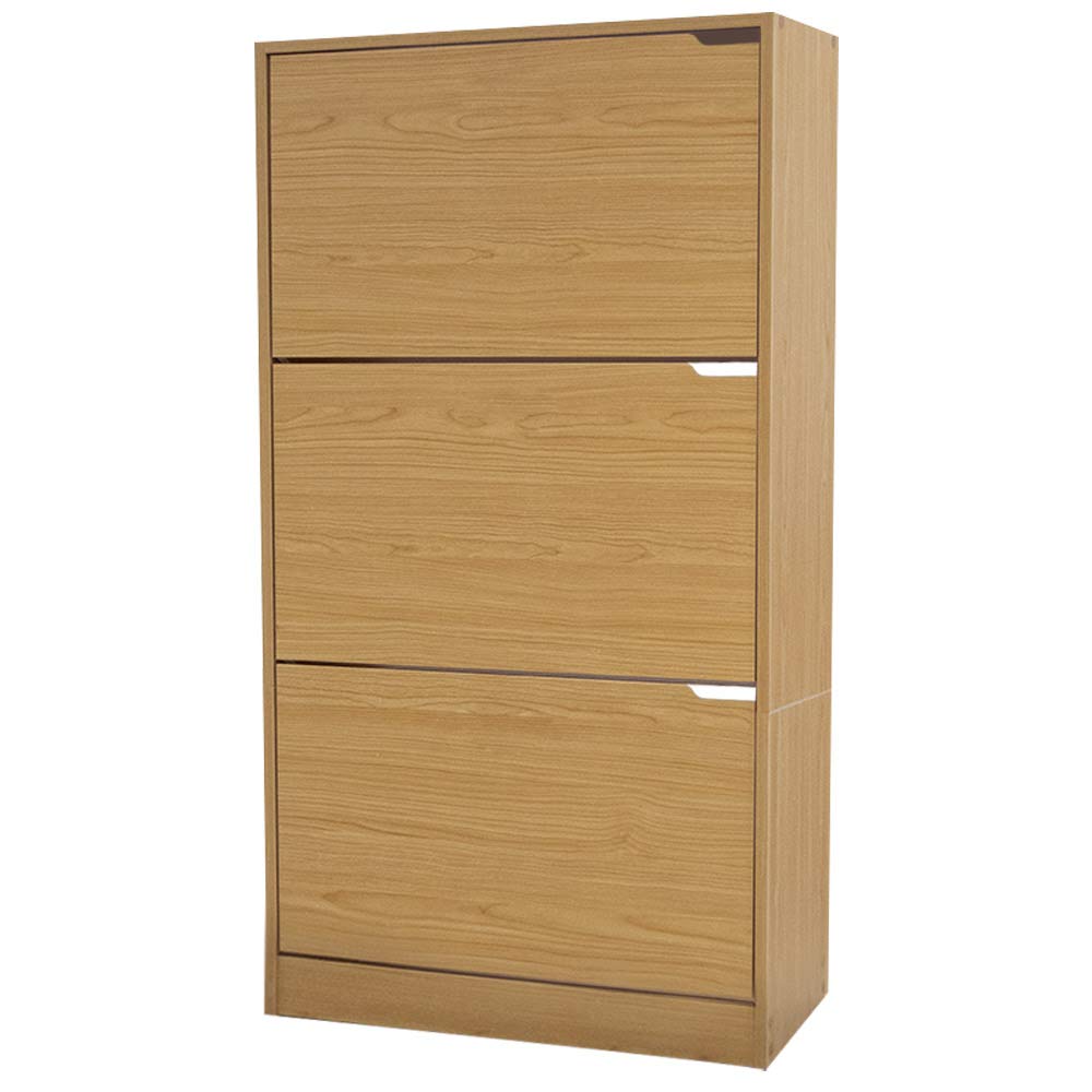 BAKAJI Zapatero de Madera MDF con 3 Puertas para Zapatos abatibles, Asas retráctiles, Doble Profundidad, tamaño Compacto, Delgado, 63 x 24 x 115 cm, Ahorra Espacio de Entrada de casa (Roble)