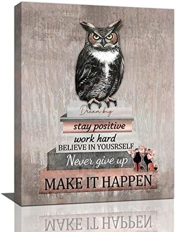 Rustic Inspirational Owl Wall Art Motivational Quotes Owl Books Heel Picture Wall Decor Canvas Prints Framed Modern Painting Artwork for Bathroom Dining Room Kitchen Bedroom Living Room Office 12"x16"