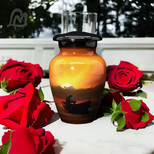 Keepsake Urn –Lovely Boat Man with Sunset Keepsake Cremation Urn for Human Ashes with Velvet Box & Velvet Bag-Mini Keepsake Urn - Affordable Keepsake Urn (3 cu.in)