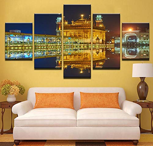 5Pcs Framed Golden Temple Dawn Mirror View Canvas Prints - 5 Piece Amritsar Sikh's Heritage Artwork Canvas Prints Wall Art For Office And Home Wall Decor (20X35Cmx2,20X45Cmx2,20X55Cmx1) #TOP1