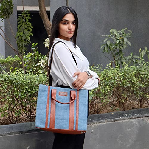 Image of Book Tote Handbag | Handloom Woven Cotton And Vegan Leather | Laptop | Tote Bags for Women For Office Use, Work | Ladies Stylish Shoulder Bag | Ethically Sourced, Lightweight