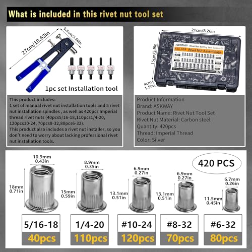 Image of SAE Rivet Nut Tool 420pcs Imperial Carbon Steel Rivet Nut Tool Kit, (5 /16-18、1 /4-20、10-24、8-32、6-32), Suitable for Furnitur, Automotive, Marine and Industrial Applications (SAE Carbon Steel 420)