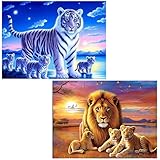 2 Pack 5D Diamond Painting Tigers & Lions Full Drill by Number Kits for Adults Kids, Ginfonr Craft Rhinestone King of Polar Regions & Oasis Paint with Diamonds Set Animal Arts Decorations (12x16inch)