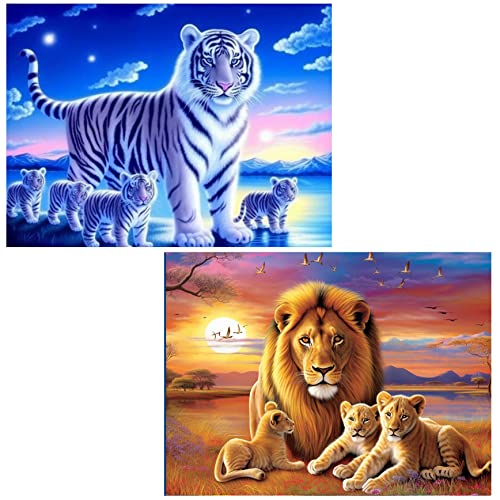 Ginfonr 2 Pack 5D Diamond Art Painting Tigers & Lions Full Drill by Number Kits, Craft Rhinestone King of Polar Regions & Oasis Paint with Diamonds Set Animal Arts Decorations (12x16inch)