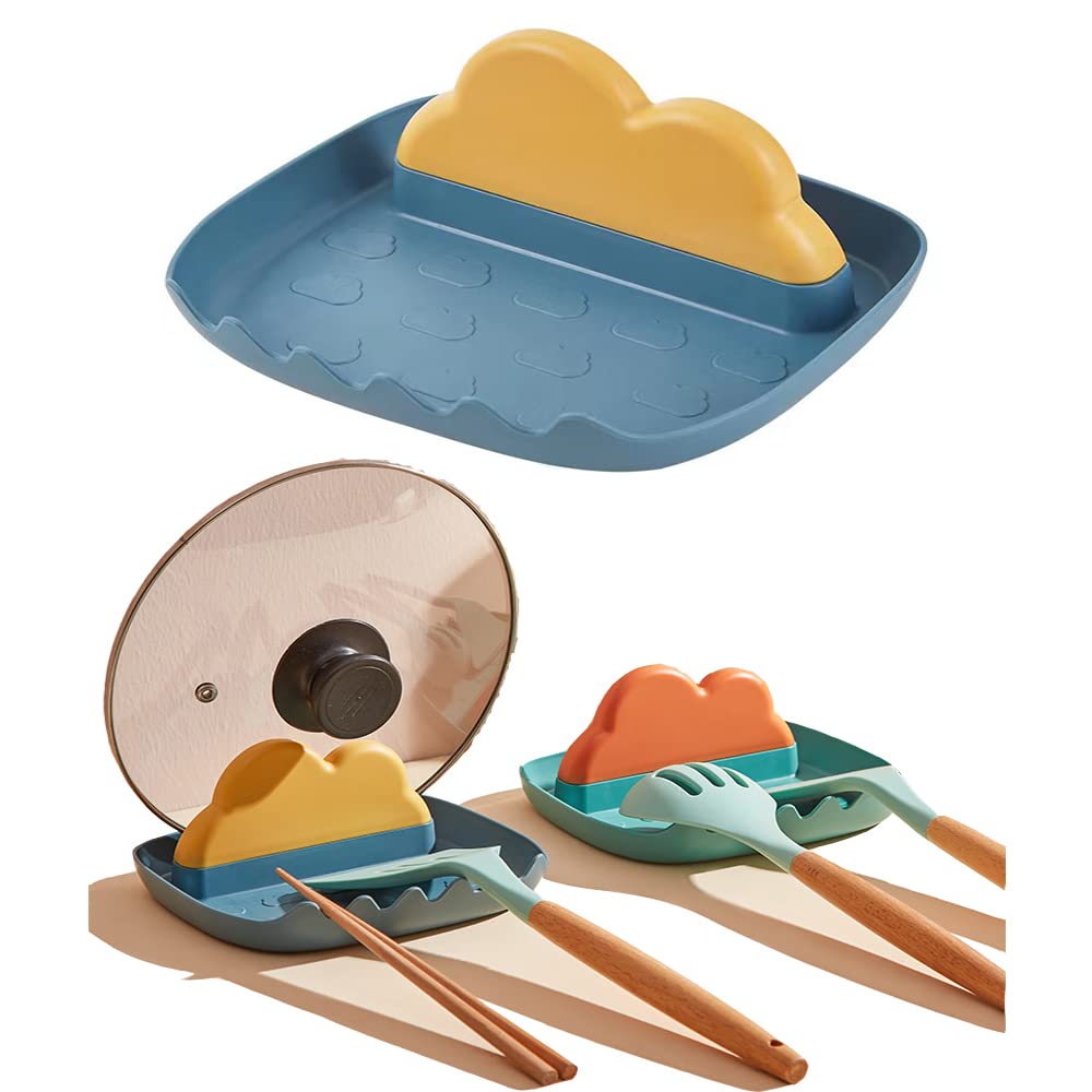 Starry G Blue Kitchen Utensils Rest With Drip Pad, Heat-Resistant Pot Lid Holder Stand, Cooking Spoon Rest Tools, Countertop Organiser Rack For Spoon, Ladles, Tongs, Spatula, Fork, Cartoon Flatware Rest