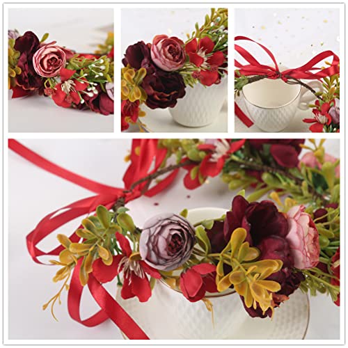 Flower Crown Flower Crowns For Women Boho Flower Headband Adjustable Floral Headpiece Hair Wreath Wedding Festival Party Floral Crown.(Purple Red Peony) #TOP4
