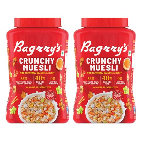 Image of Bagrry's Crunchy Muesli | 40% Fibre Rich Oats with Bran | 82% Multi Grains, Almonds, Raisins & Honey | Breakfast Cereal | Natural Muesli, 1000g Jar, Pack of 2