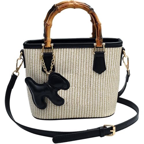 Small Women's Tote Bag with Bamboo Joint Top Handles Crossbody Shoulder Bag Summer Beach Handbag