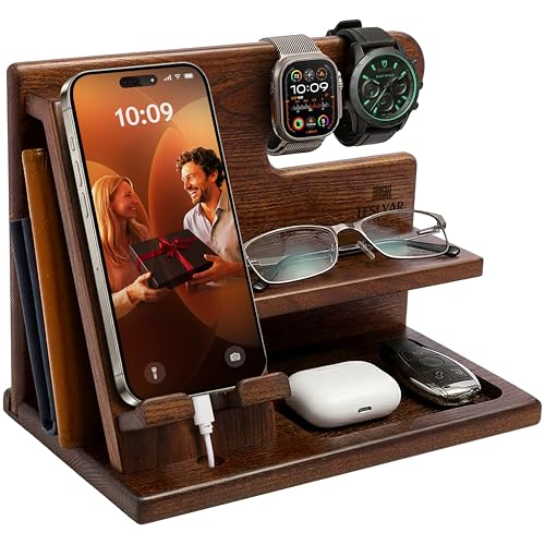 TESLYAR Wood Phone Docking Station for Men - Desktop or Nightstand Organizer - Birthday...