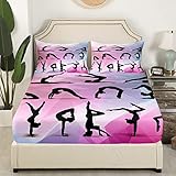 Gymnastics Bedding Set Full Size,Dancing Lover Silhouette Bed Sheet Set 3pcs for Kids Girls Woman Gymnast Room Decor,Cheerleading Sports Fitted Sheet Pink White Bed Cover with 2 Pillowcases