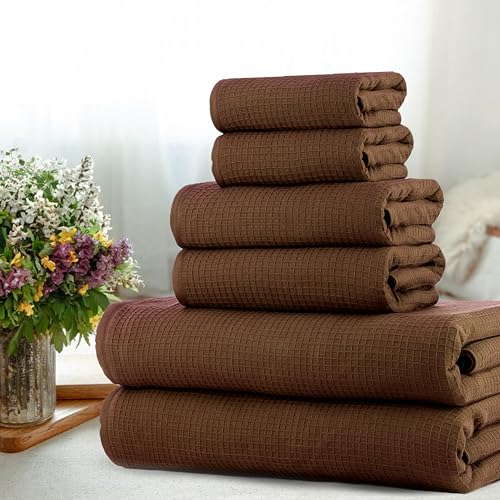 Image of Casa Copenhagen, Egyptian Cotton - Waffle Terry Towel 6 Piece Set, Includes 2 Bath Towels 2 Hand Towels 2 Washcloths - Brown