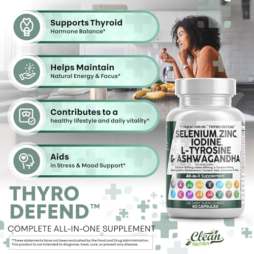 clean nutra selenium 300mcg iodine 500mcg thyroid support for women amp men  l tyrosine 500mg ashwagandha supplement bladderwrack turmeric kelp schisandra zinc pills capsule supplements