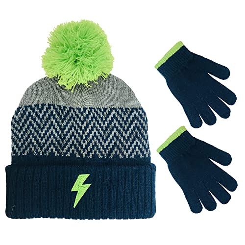 PEAK 2 PEAK Boys’ and Girls’ Winter Hat and Gloves Set – Knit Pom-Pom Beanie with Sparkle – Ages 4-12