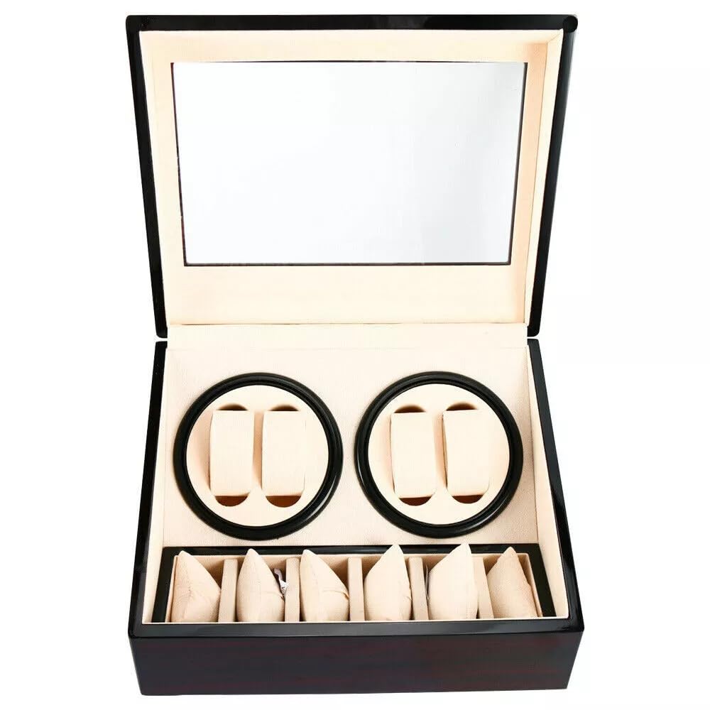 Scatola carica orologi automatica, 4 orologi + 6 spazi extra, in pelle PU, caricatore automatico per orologi automatico, per esterni in legno di sandalo e interni bianchi