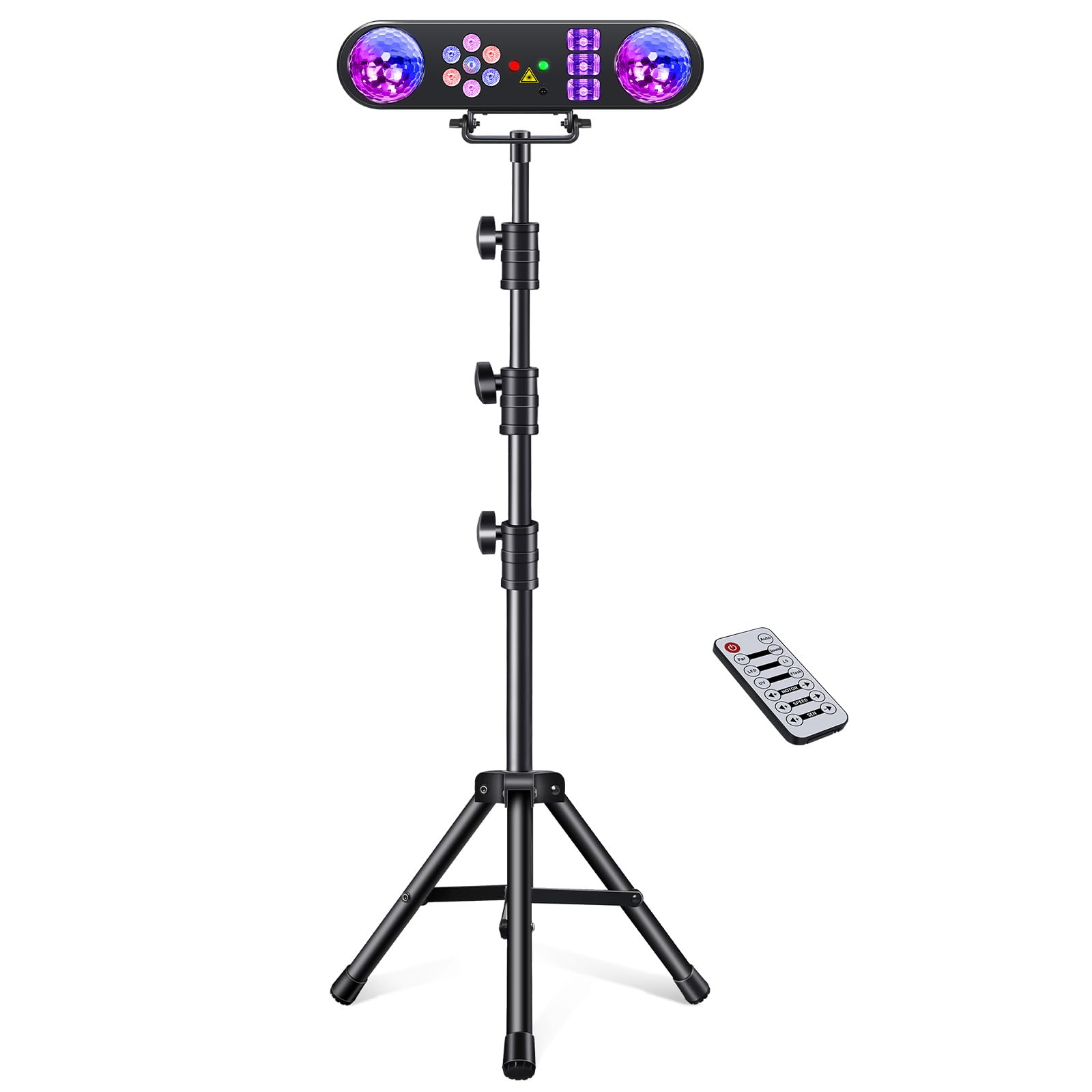 Luces de DJ con soporte, luces de fiesta DJ discoteca activadas por sonido, luz de fiesta 5 en 1 con bola giratoria, estroboscópico, UV, iluminación LED colorida par y patrón para concierto