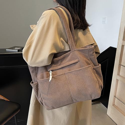 Image of Corduroy Tote Bag for Women, Multiple Pockets Large Hobo Shoulder Bag for Office & Shopping, Zipper Casual Handbags