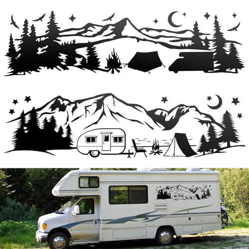 Linkstyle 2pcs Car Stickers RV Camping Forest Mountain Vinyl Decals with Trees and Stars Die Cut Sticker Decoration for Motorhome Van SUV Travel Trailer