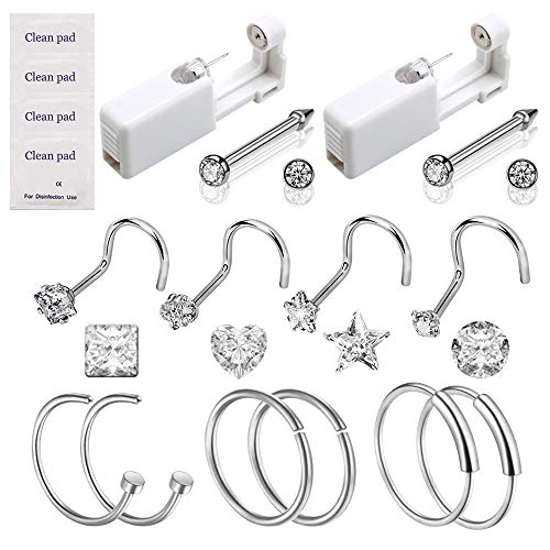 Nose Piercing Kit - Anghie Self Nose Piercing Gun with 10pcs Nose Stud Rings Kit No Pain Nose Piercing Gun Kit Tool Piercing Tool and Piercing Supplies