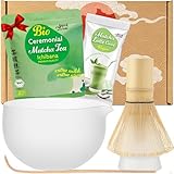 Goodwei BIO Matcha aus Japan im Matcha-Set komplett mit hochwertiger Matcha Schale aus Keramik, Matcha Besen und Besenhalter | Geschenkset für Teezeremonie (Glas Matt)