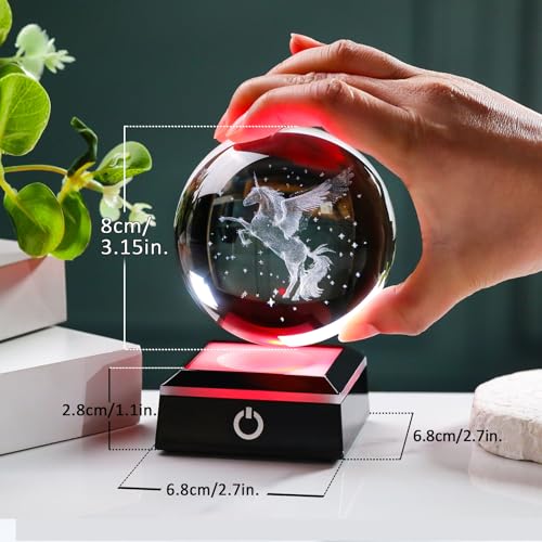 Image of 3D Unicorn Crystal Ball Snow Globe Gifts for Women, Laser Etched Unicorns Night Light Decor for Girls Bedroom for Adults or Girls
