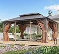 Aoxun 12’x16’ Hardtop Gazebo, Permanent Metal Pavilion with Galvanized Steel Double Roof, Outdoor Pergola with Nettings and Curtains for Lawn, Garden, Patio (Brown)