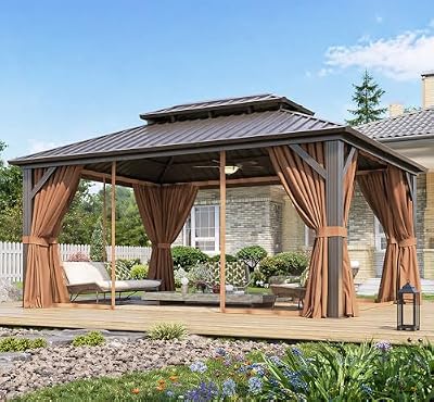Aoxun 12’x16’ Hardtop Gazebo, Permanent Metal Pavilion with Galvanized Steel Double Roof, Outdoor Pergola with Nettings and Curtains for Lawn, Garden, Patio (Brown)