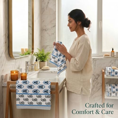 Image of Mafatlal Madhuban Premium Waffle Cotton Set (1 Bath 147x76 cm + 2 Hand 76x38 cm) | 250 GSM | Lightweight, Soft & Hand Printed | Marina