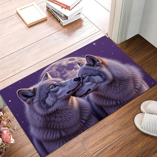 Image of JEDTAKCT 40X60Cm Indoor Door Mat For Home Entrance, Durable Non Slip Dreamy Wolf Couple Print Floor Mats Washable Full Moon Animal Landscape Area Rug For Kitchen Entranceway Front Doormat, Purple
