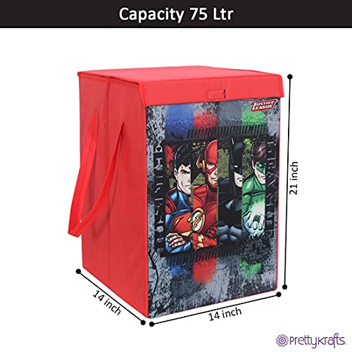 Image of PrettyKrafts 75 L Non Woven Justice League Rectangular Foldable Large Laundry Bag /Basket With Lid & Handles, Freestanding Clothes Storage Organizer for Bedroom (36x36x53cm, Grey, Set of 1)
