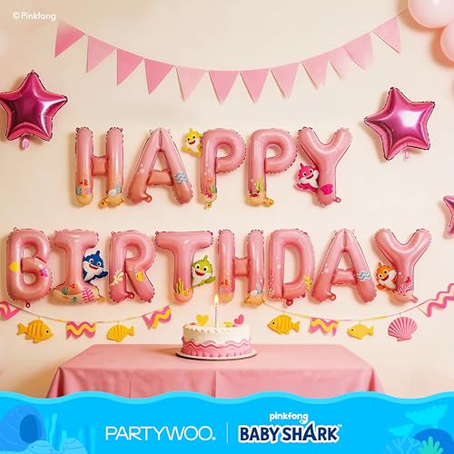 Image of PartyWoo Baby Shark Pink Happy Birthday Banner Letter Balloons 16 Inch Pink Mylar Foil Letter Balloons for Girls and Boys Baby Shark Under the Sea Ocean Theme Kids Birthday Party Decorations